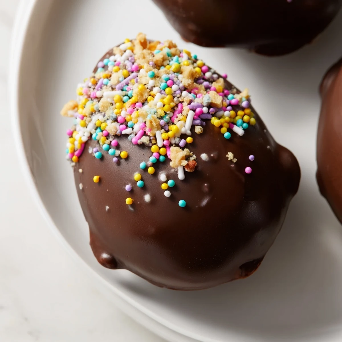 Chocolate Covered Peeps arranged on parchment with a glossy chocolate coating and festive red and yellow sprinkles.