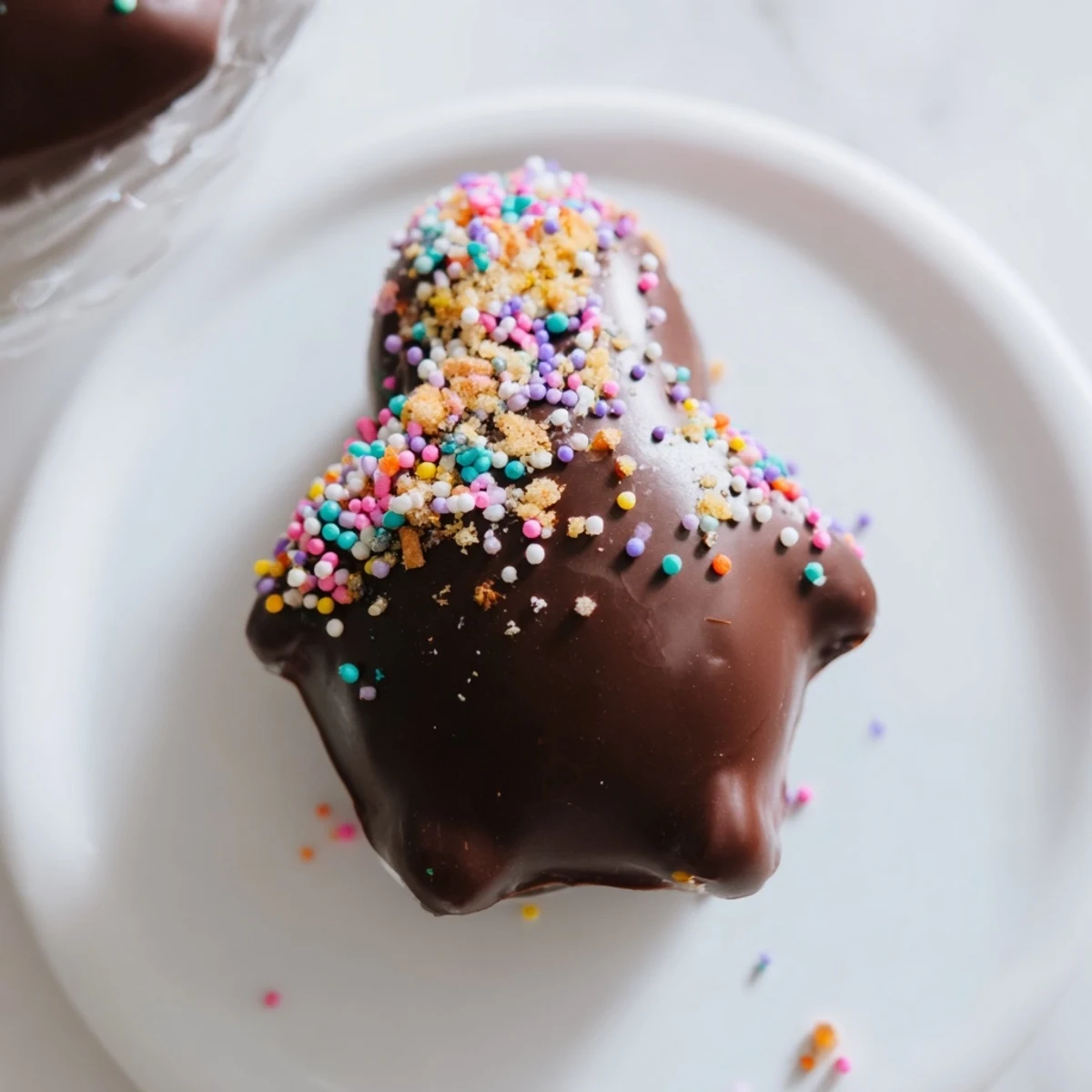 Homemade Chocolate Covered Peeps with a rich chocolate shell, served on a white plate for a playful dessert.