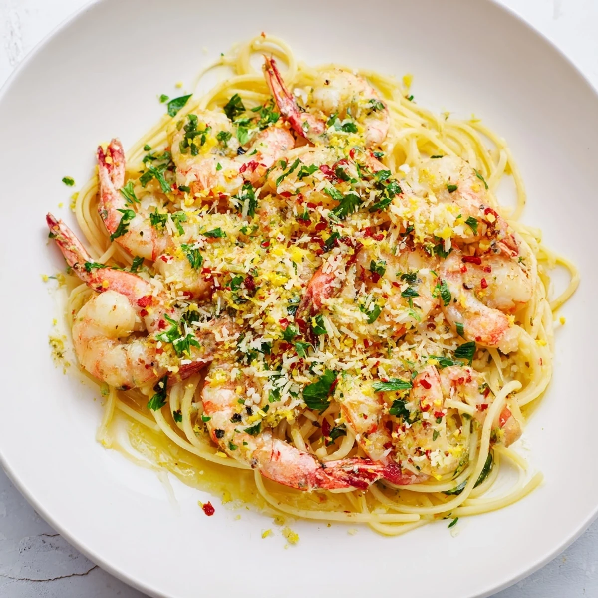 Close-up of Lemon Garlic Shrimp Pasta glistening with olive oil, fresh parsley, and bright lemon wedges on the side.  