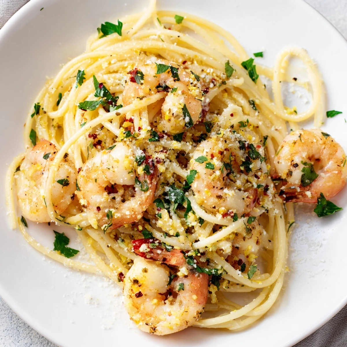 A steaming plate of Lemon Garlic Shrimp Pasta, showcasing plump pink shrimp nestled among al dente spaghetti strands.  