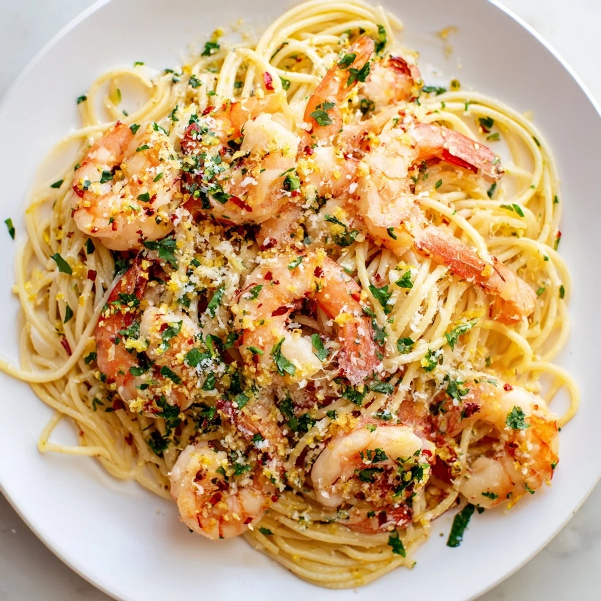 Lemon Garlic Shrimp Pasta served in a white bowl, garnished with grated Parmesan and a sprinkle of red pepper flakes.
