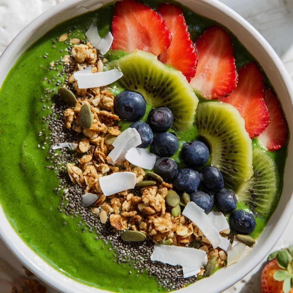 Healthy green smoothie bowl topped with fresh berries, granola, and seeds, served in a white bowl for breakfast.