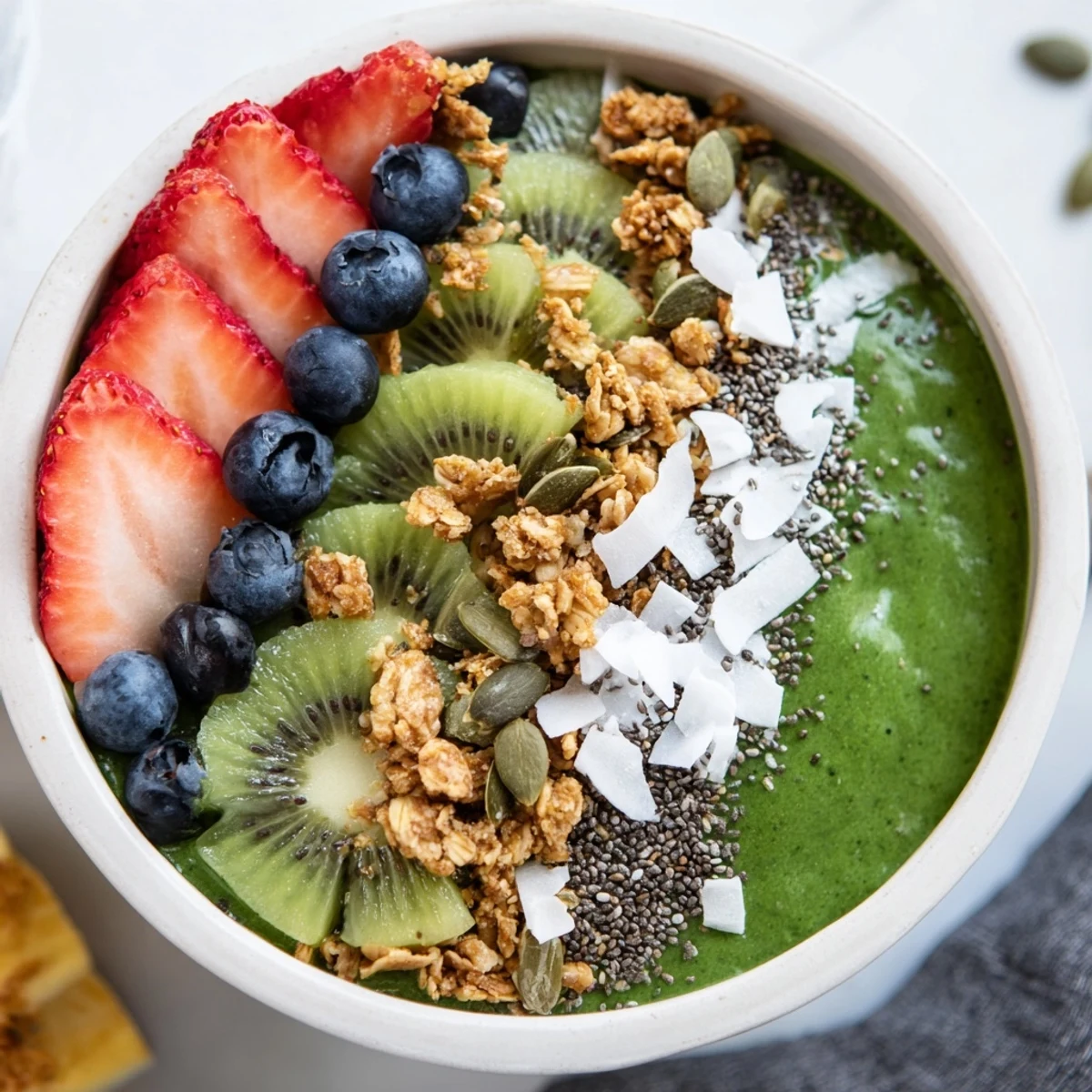 Vibrant green smoothie bowl filled with spinach and kale, finished with kiwi, blueberries, and pumpkin seeds for texture.  