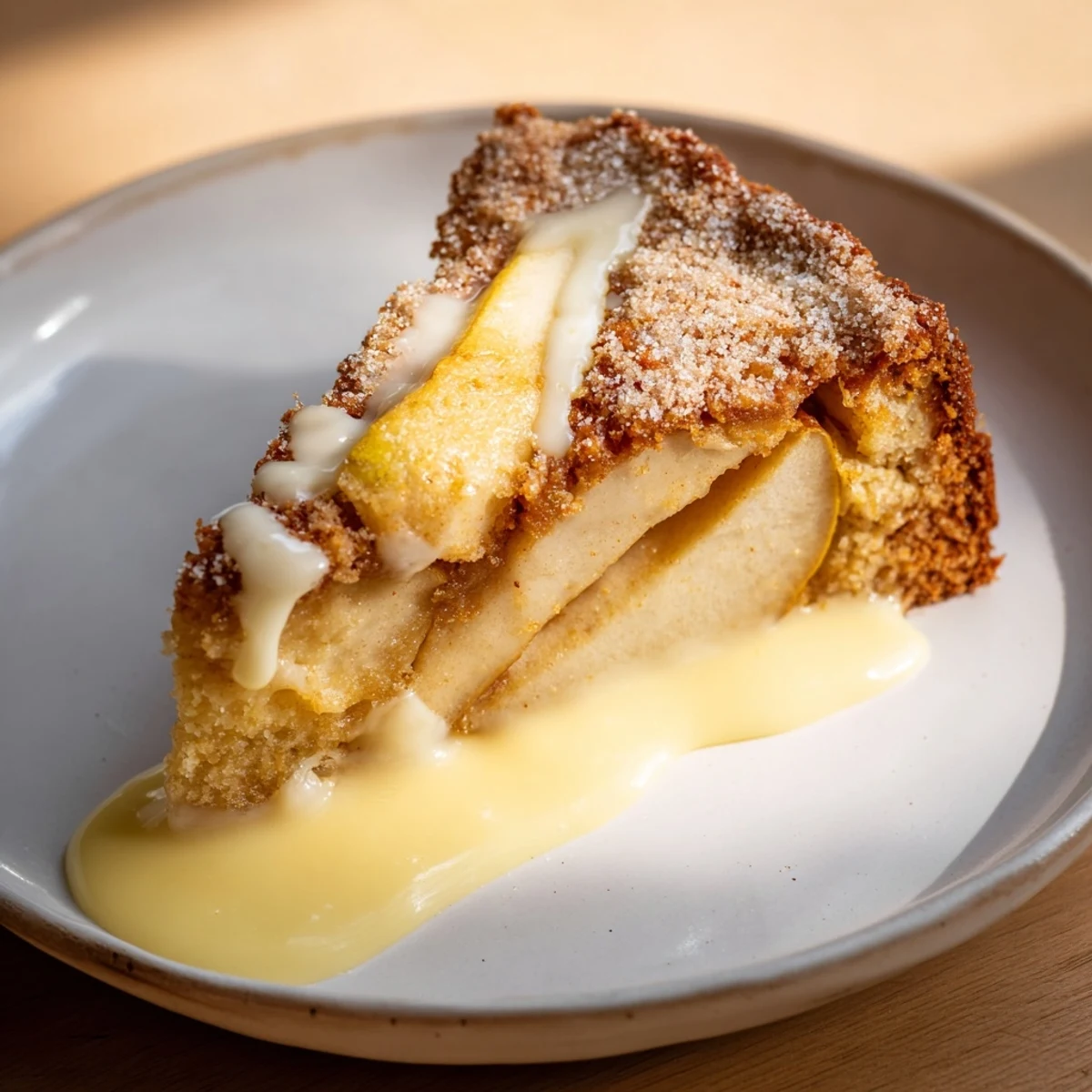 A slice of Irish Apple Cake with Custard shows tender baked apples and golden crumbs beside creamy custard.