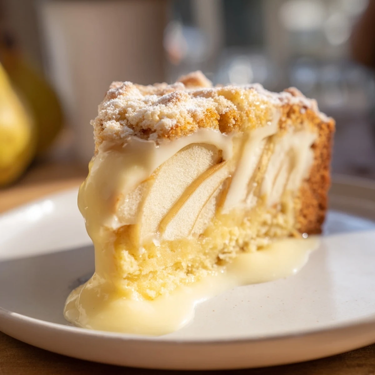 Irish Apple Cake with Custard presents warm spiced cake topped with demerara sugar and a drizzle of custard.