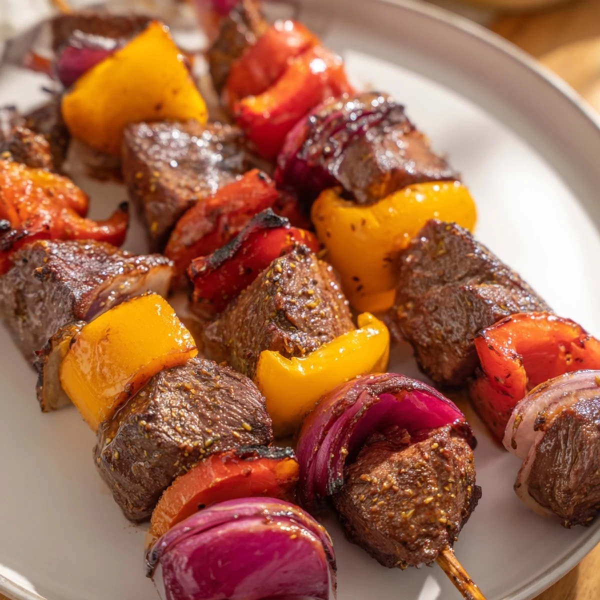 Golden brown Beef Kebabs with Peppers and Onions sizzling on a grill, showcasing juicy marinated beef cubes and charred vegetables.