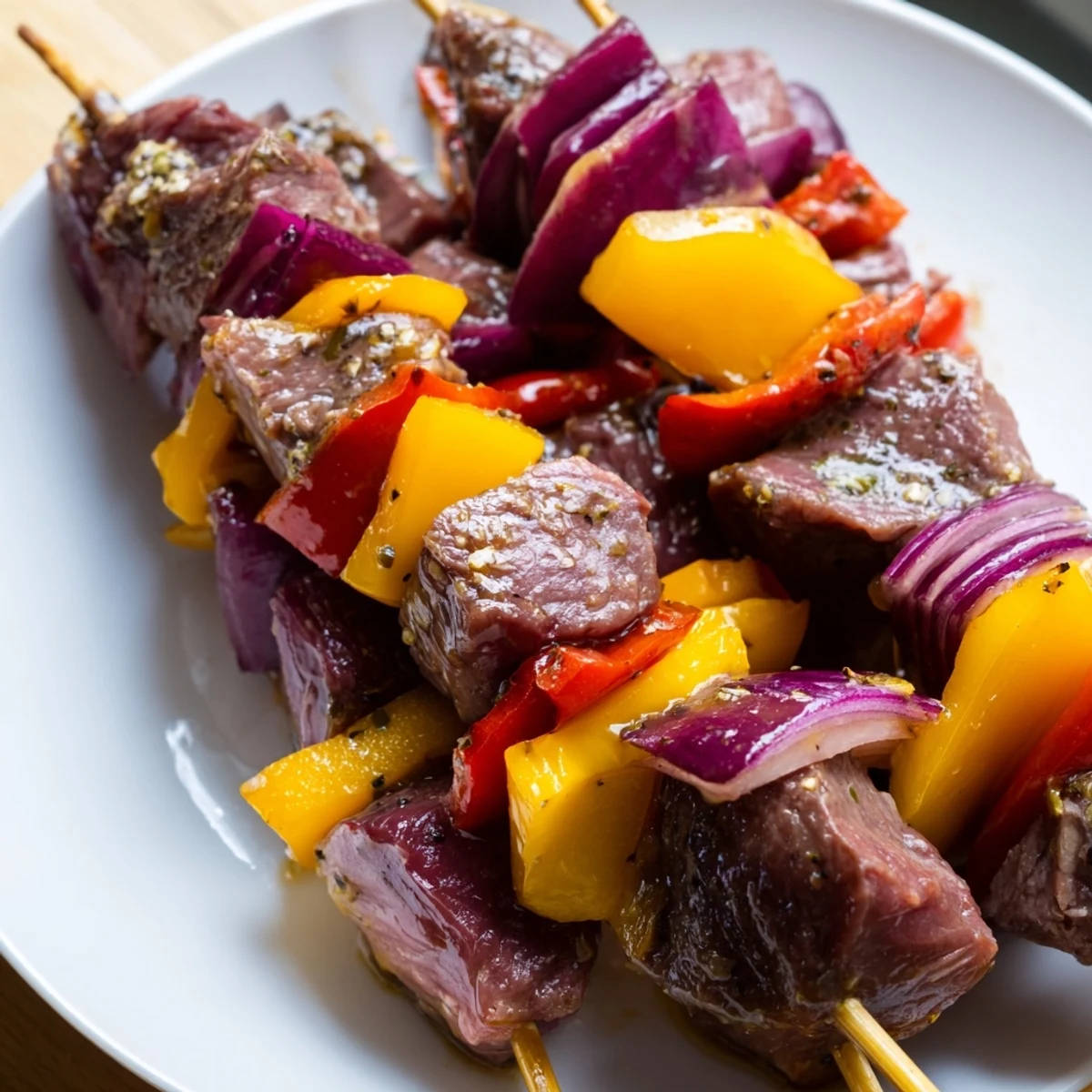 Freshly grilled Beef Kebabs with Peppers and Onions served on a platter, garnished with herbs and ready for a summer barbecue.