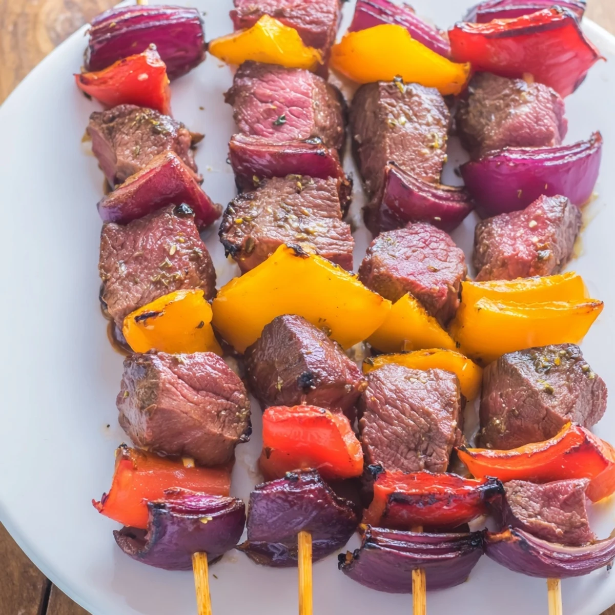 Close-up of Beef Kebabs with Peppers and Onions skewers, featuring tender beef and vibrant bell peppers on a rustic wooden board.