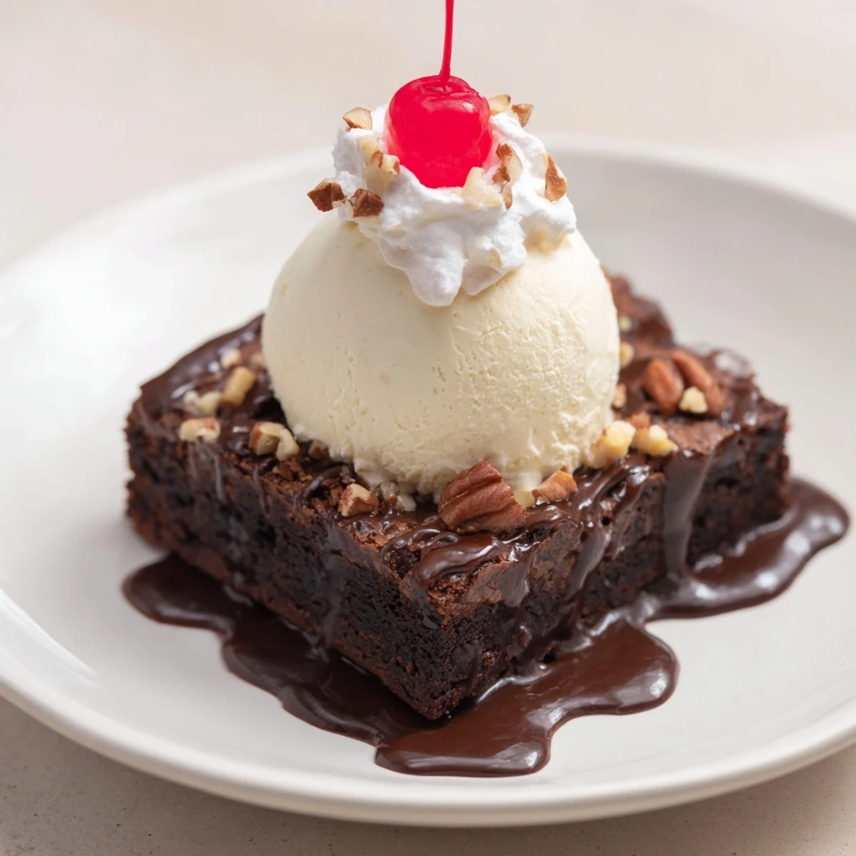 Warm, gooey hot fudge cascades over a scoop of vanilla ice cream on a rich Chocolate Brownie Sundae.  