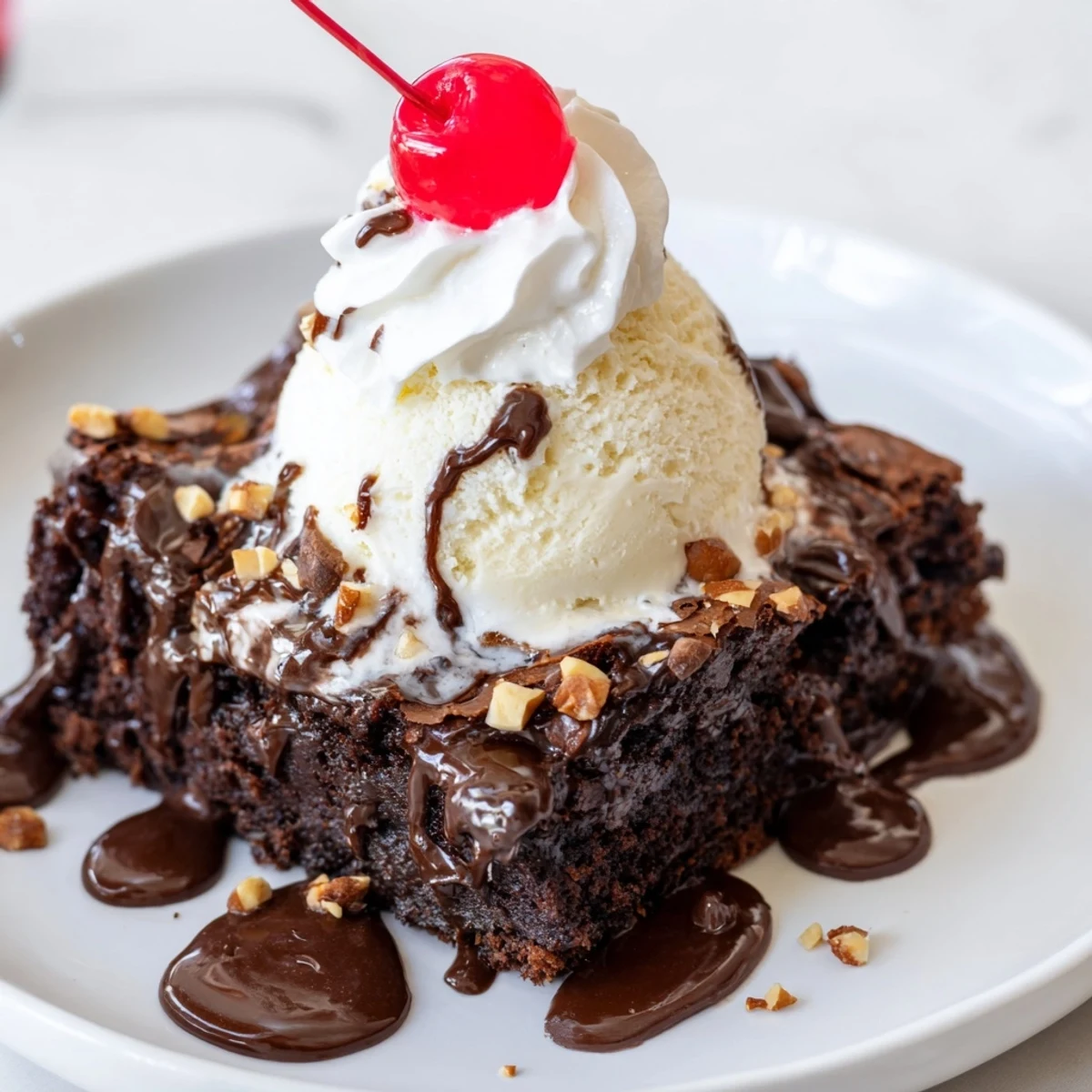 A close-up of a Chocolate Brownie Sundae topped with whipped cream, chopped nuts, and a bright cherry.  