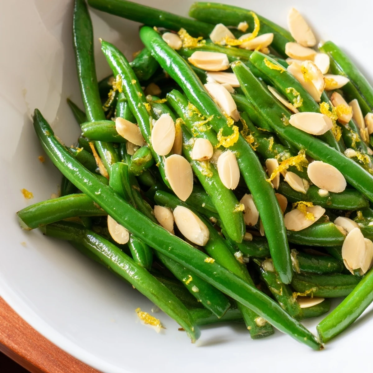 Bright green beans coated in zesty lemon garlic sauce, topped with crunchy toasted almonds and served as a fresh side dish.