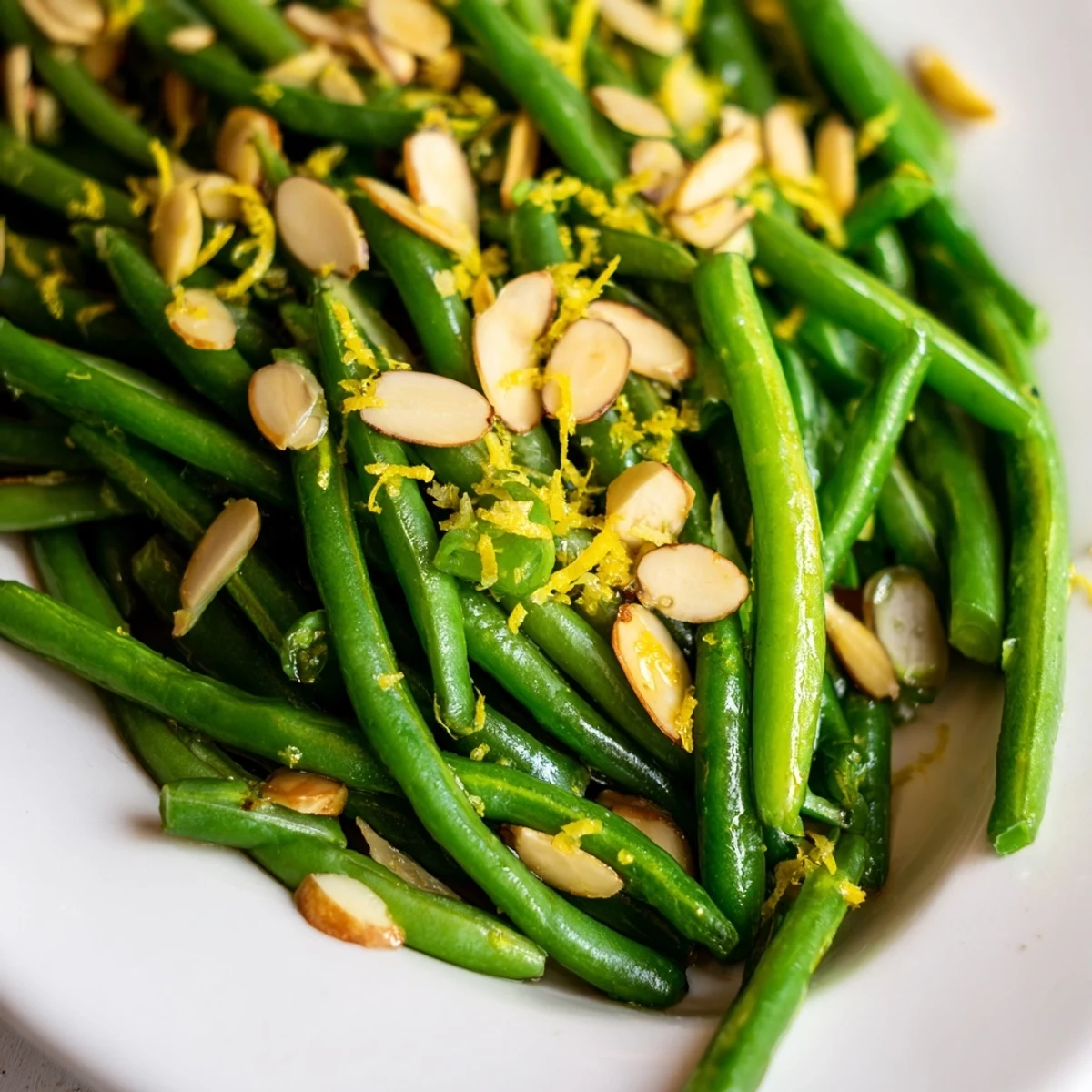 Tender green beans sautéed with minced garlic and lemon zest, finished with golden sliced almonds for a healthy vegetarian side.