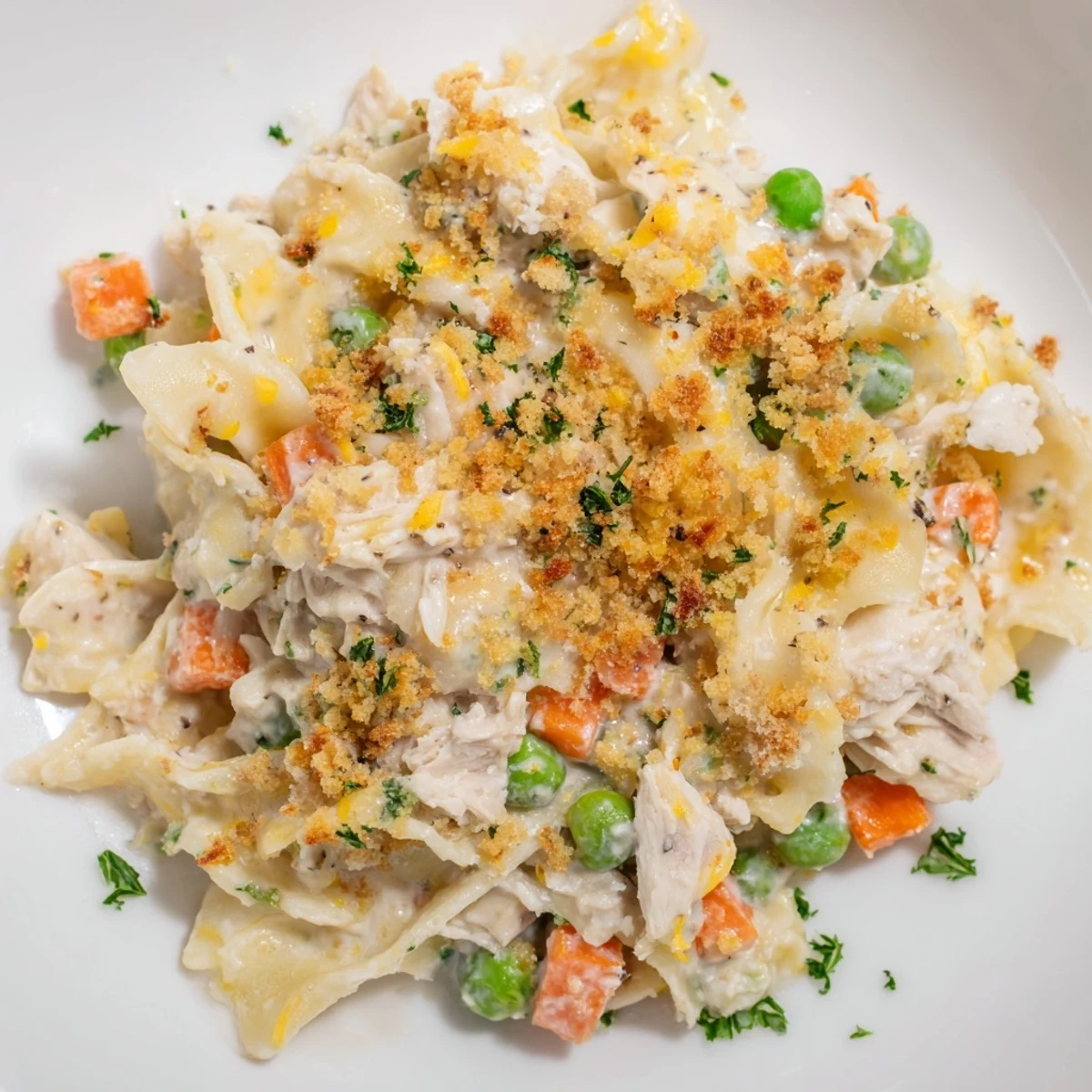 Hearty Chicken Noodle Casserole with Crumble bubbling from the oven, served family-style in a rustic dish.