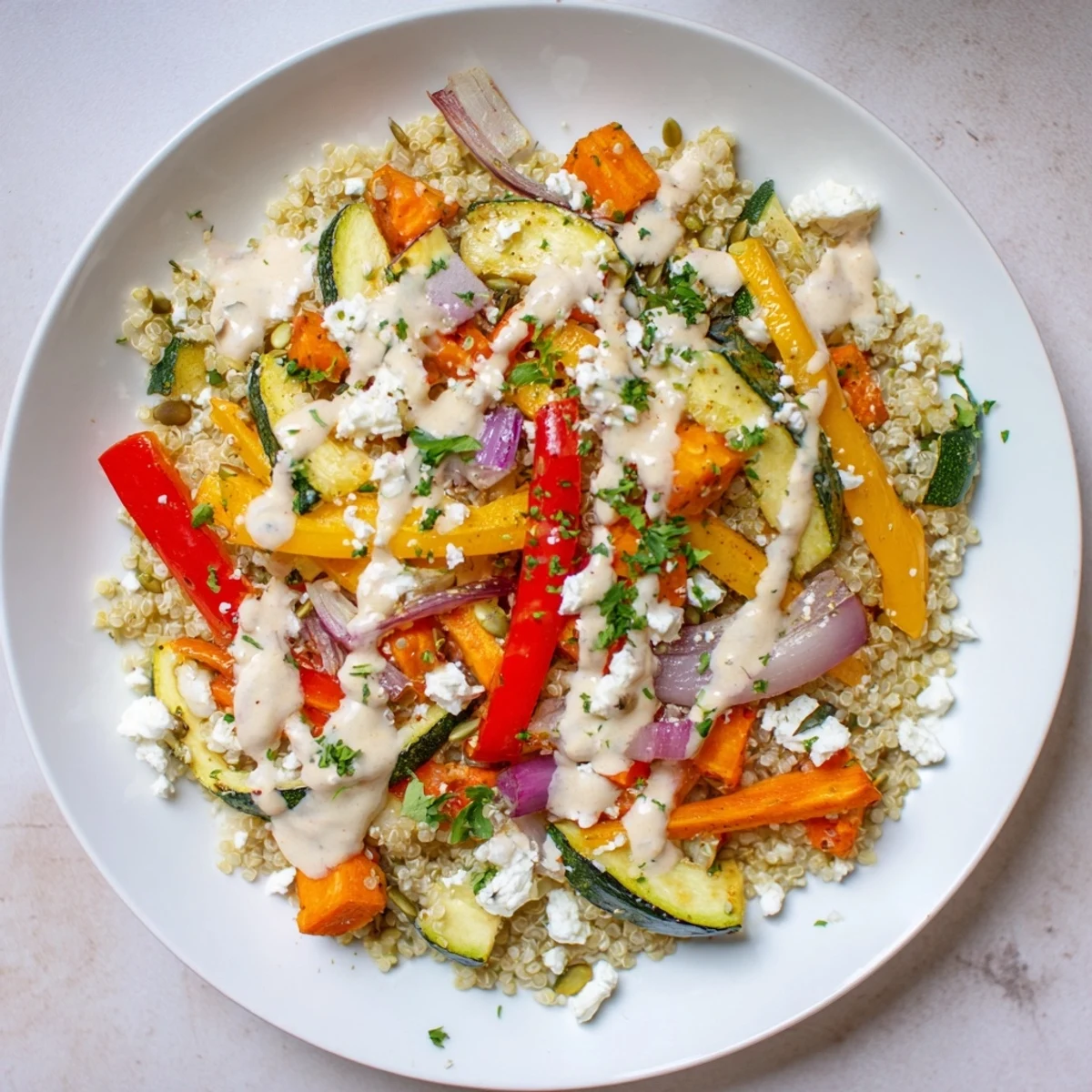 Golden roasted vegetables including zucchini, bell peppers, and red onion are arranged over fluffy quinoa in a Roasted Vegetable Quinoa Bowl, topped with crumbled feta and pumpkin seeds.