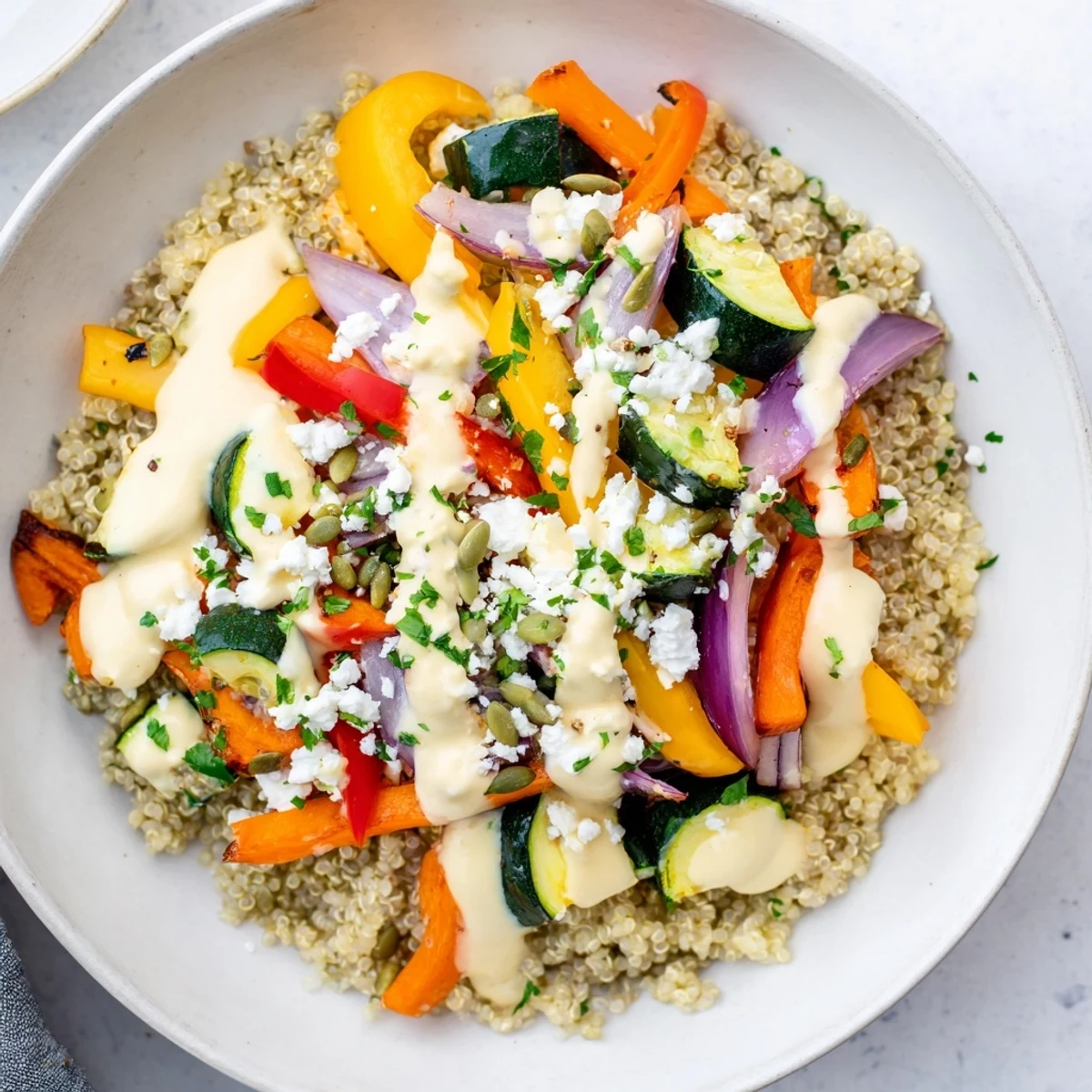 A close-up of a vibrant Roasted Vegetable Quinoa Bowl showcases tender carrots and a generous drizzle of creamy lemon-tahini dressing, with fresh parsley garnish.