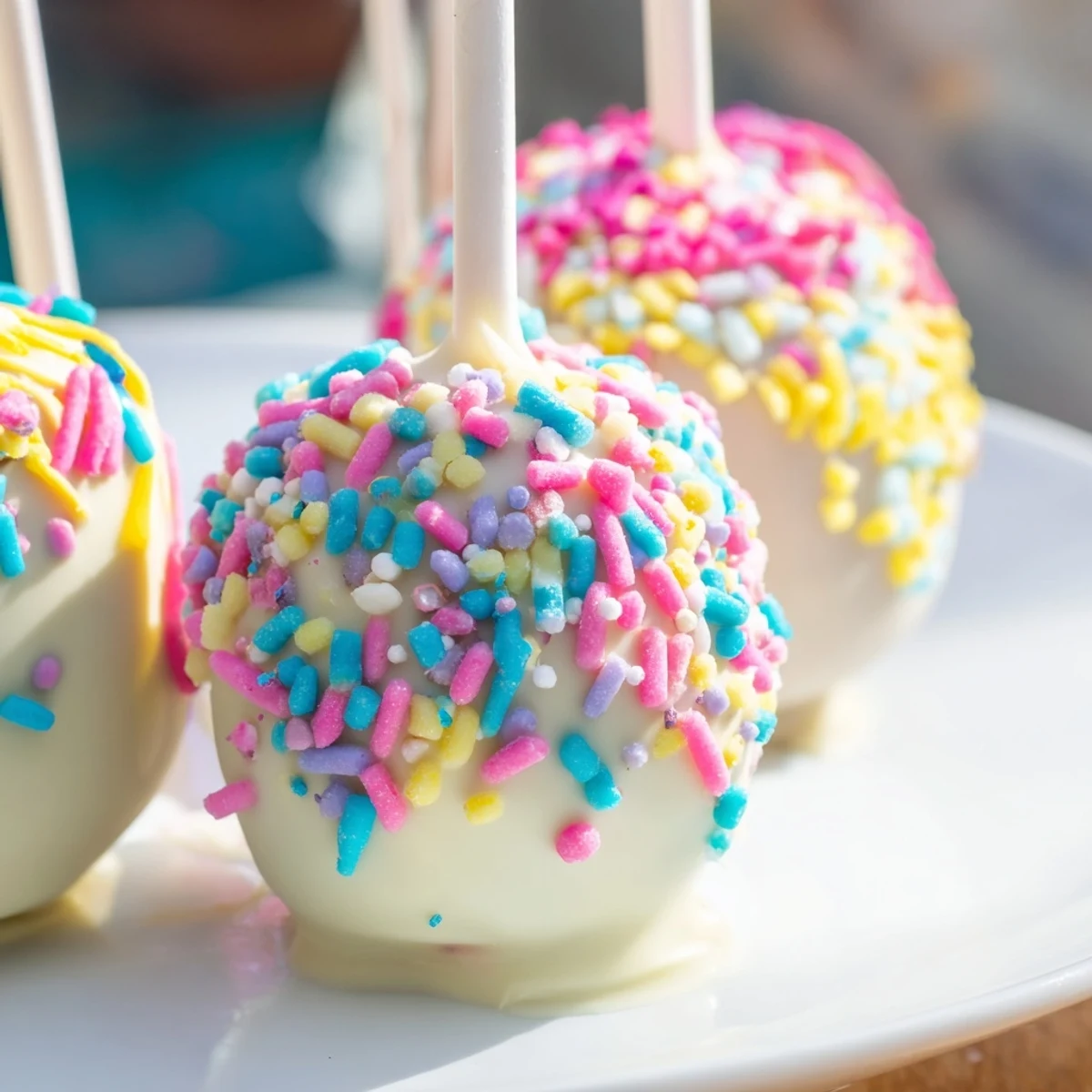 Vibrant Easter Egg Cake Pops on sticks, dipped in pastel chocolate and sprinkled with colorful sugar, perfect for spring parties.