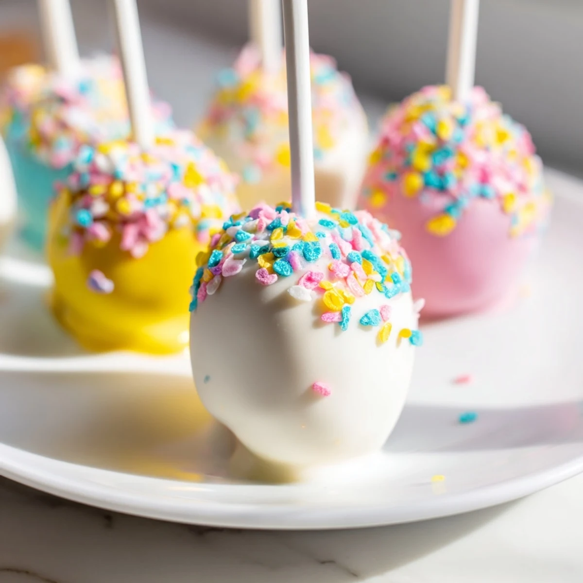 Moist cake crumbs mixed with frosting shaped into Easter Egg Cake Pops, shown with a gooey chocolate dip and festive toppings.