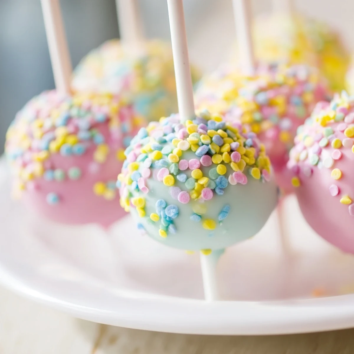 Close-up of homemade Easter Egg Cake Pops decorated with swirls of white chocolate and bright sprinkles, ready to delight guests.