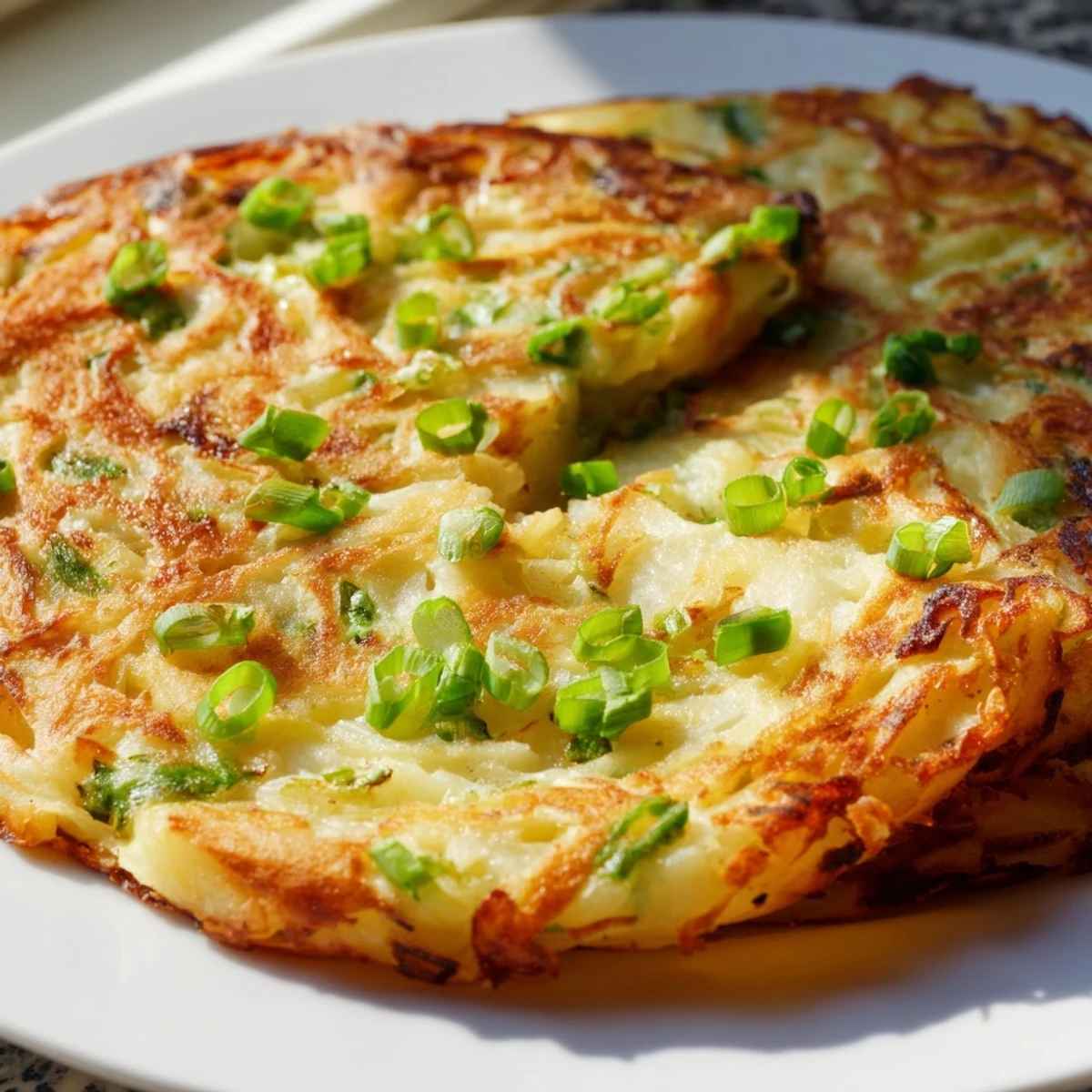 Golden brown Irish Potato Cakes with Scallions, served hot on a rustic plate with a side of sour cream.