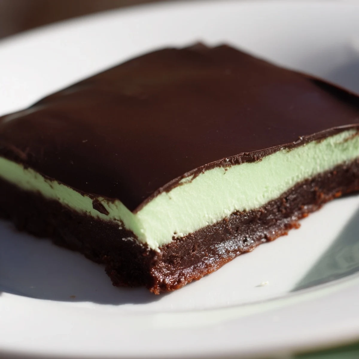 A single square of Green Mint Brownies reveals moist chocolate crumb and smooth mint layer, ready for a dessert plate.