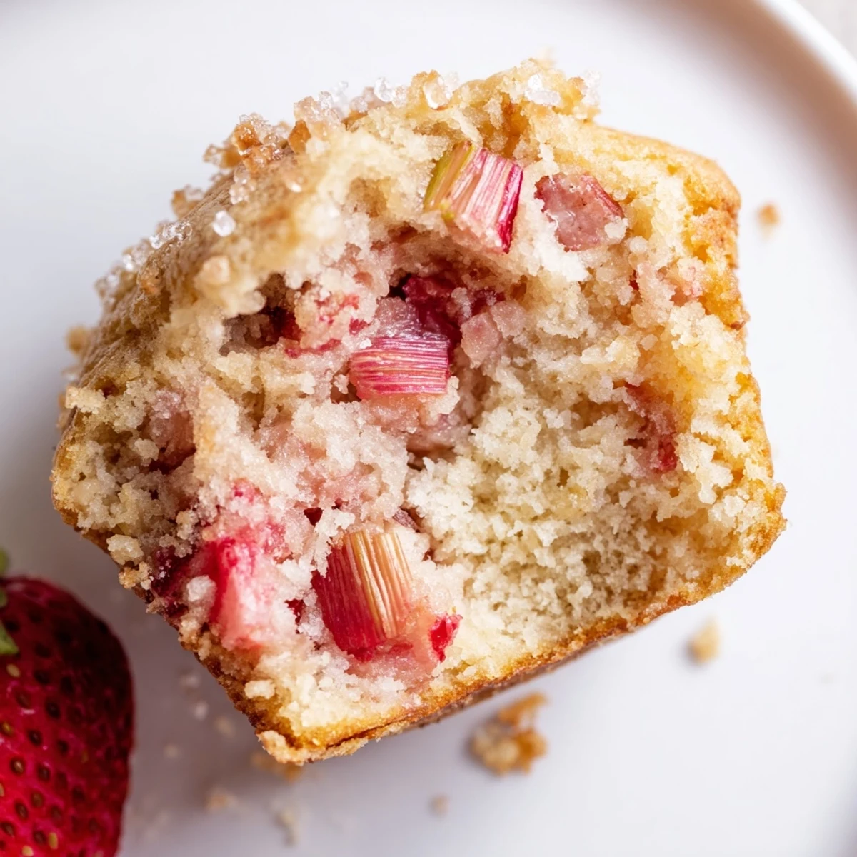 Golden-brown Strawberry Rhubarb Muffins cooling on a wire rack, studded with juicy red fruit.