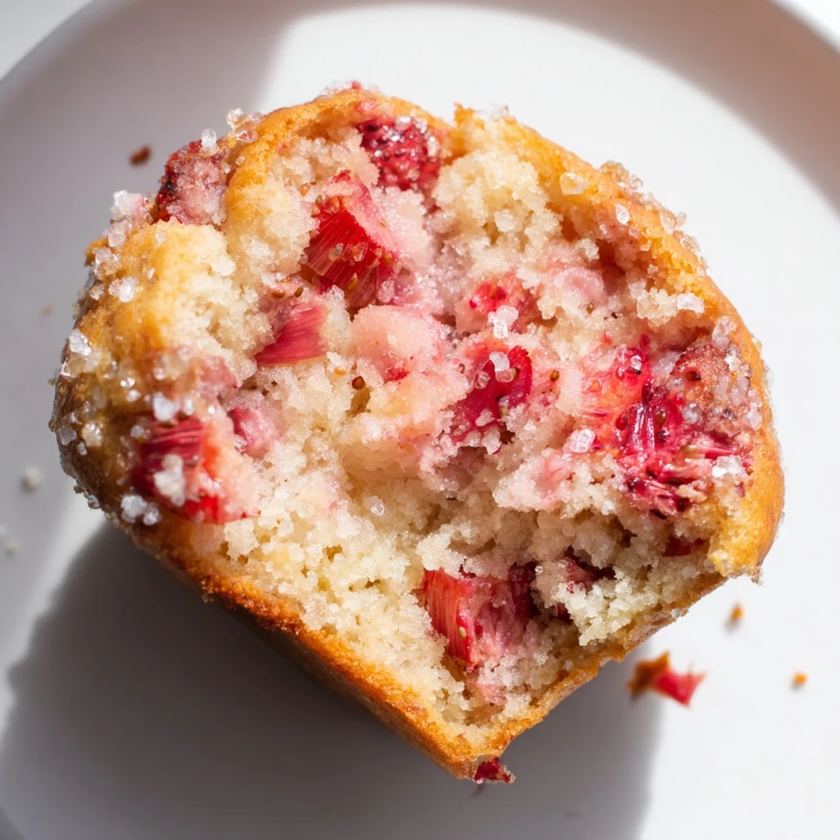 Freshly baked Strawberry Rhubarb Muffins beside a cup of coffee on a bright kitchen table.