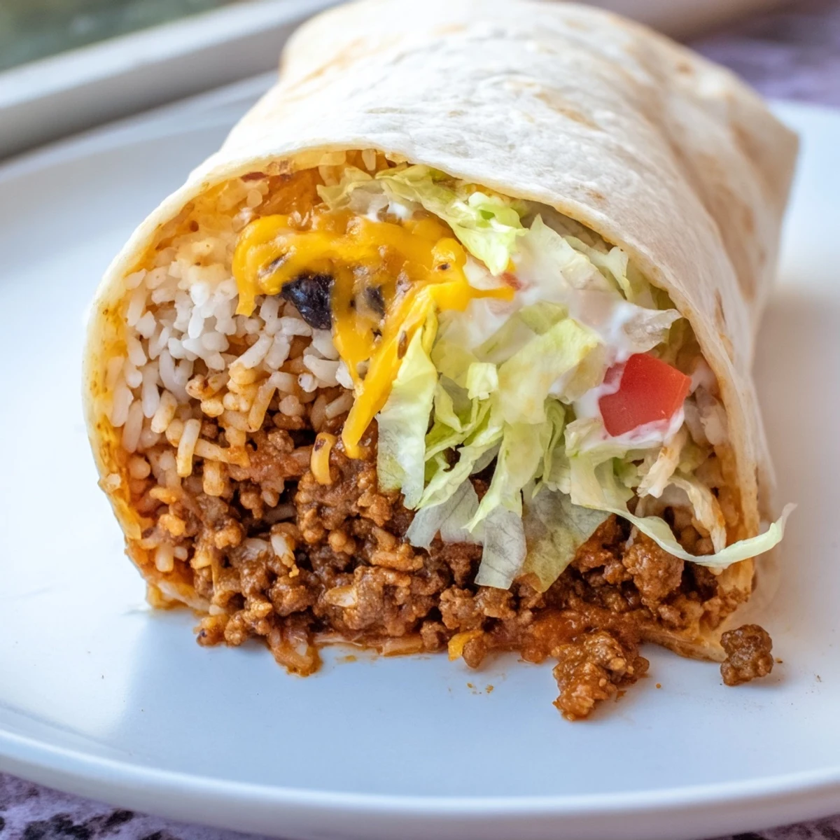 A close-up photo of the Beef Burrito with Beans and Rice, showing a warm flour tortilla stuffed with seasoned ground beef, creamy black beans, and fluffy rice.