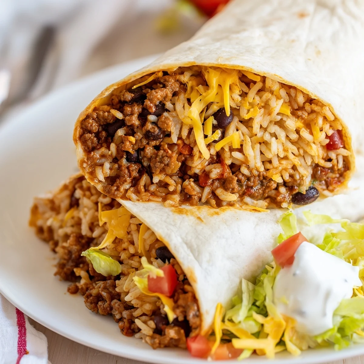 A freshly rolled Beef Burrito with Beans and Rice, garnished with chopped cilantro and sour cream, highlighting the hearty Mexican-inspired ingredients.