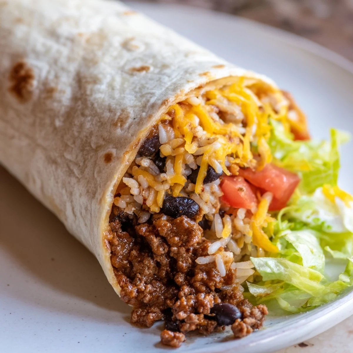 The Beef Burrito with Beans and Rice sits on a rustic plate with fresh lettuce, diced tomatoes, and shredded cheddar cheese, ready to be enjoyed.