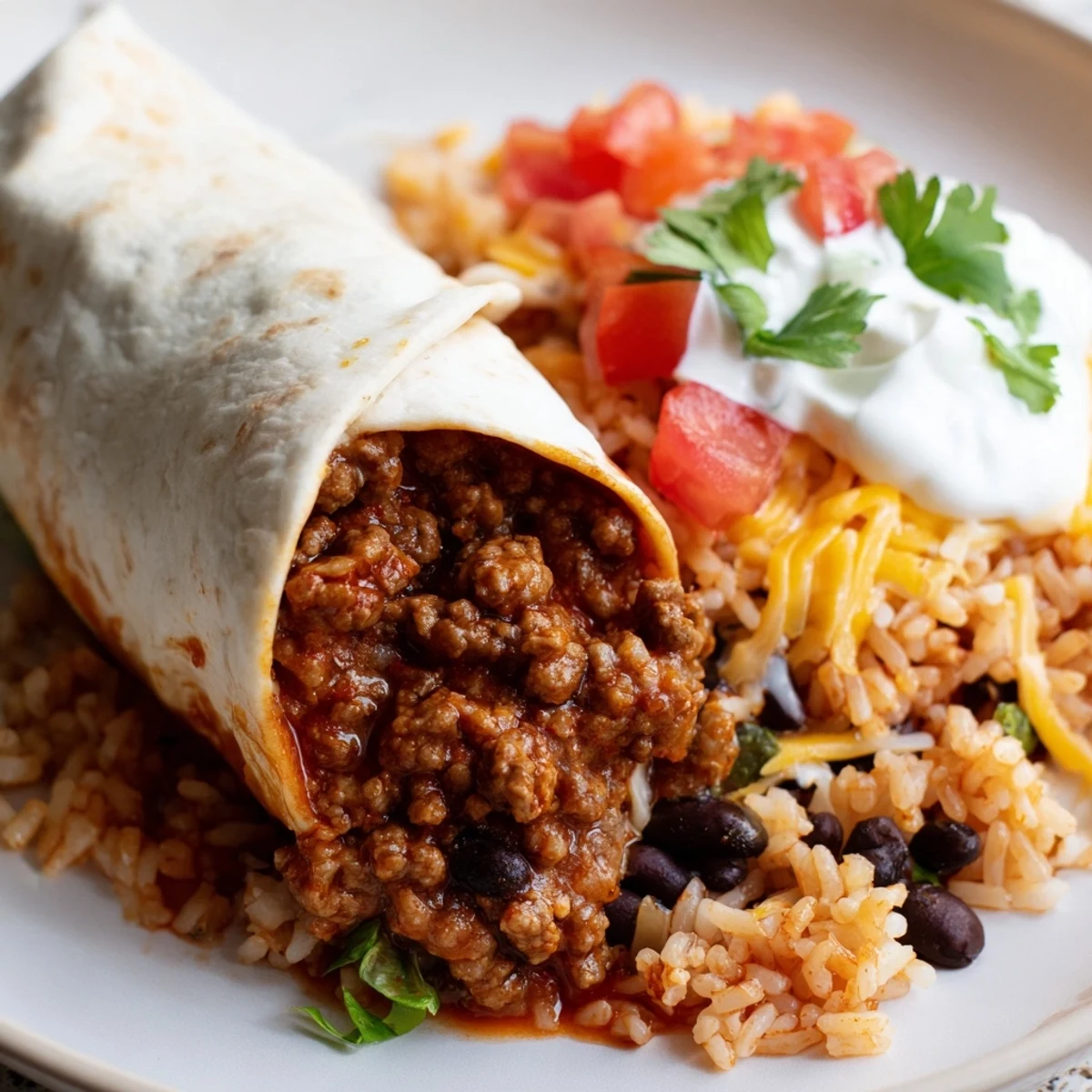 A close-up of the Beef Burrito with Beans and Mexican Rice, stuffed with seasoned ground beef and creamy black beans.