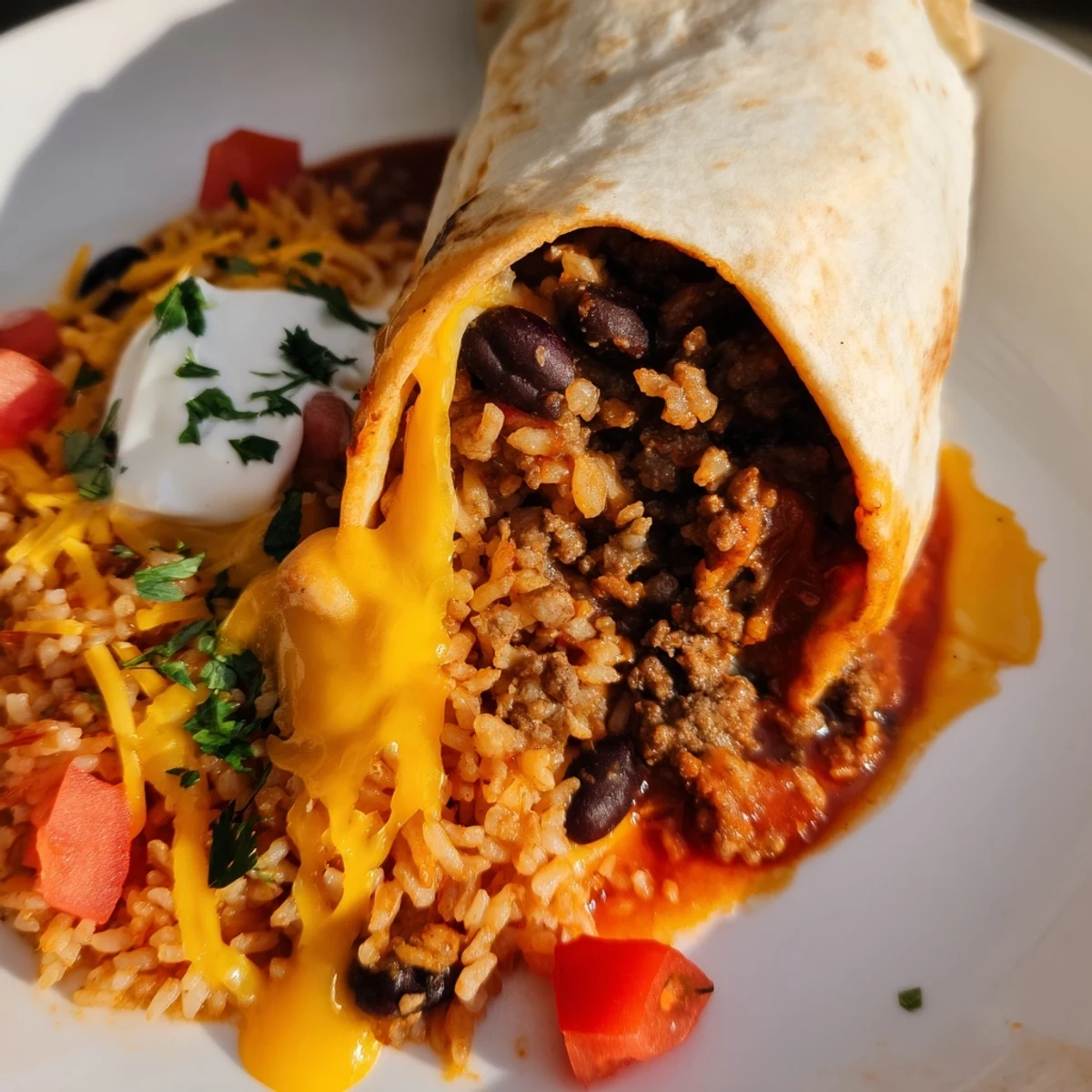 The Beef Burrito with Beans and Mexican Rice is cut in half, showing fluffy rice, melted cheddar, and fresh lettuce.