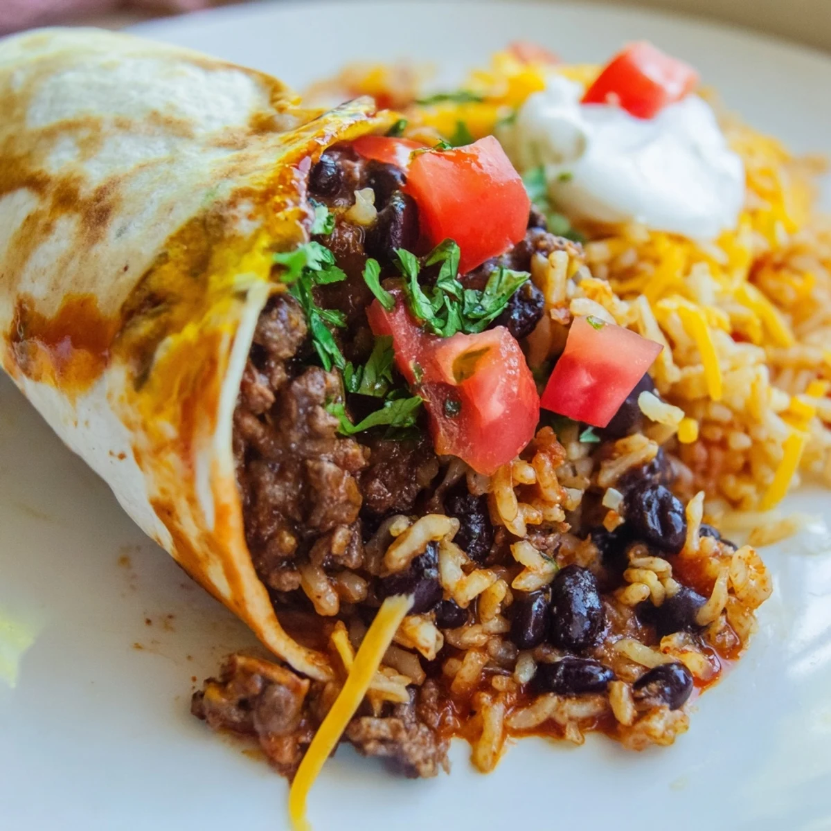 A beautifully wrapped Beef Burrito with Beans and Mexican Rice sits on a rustic plate with lime wedges.