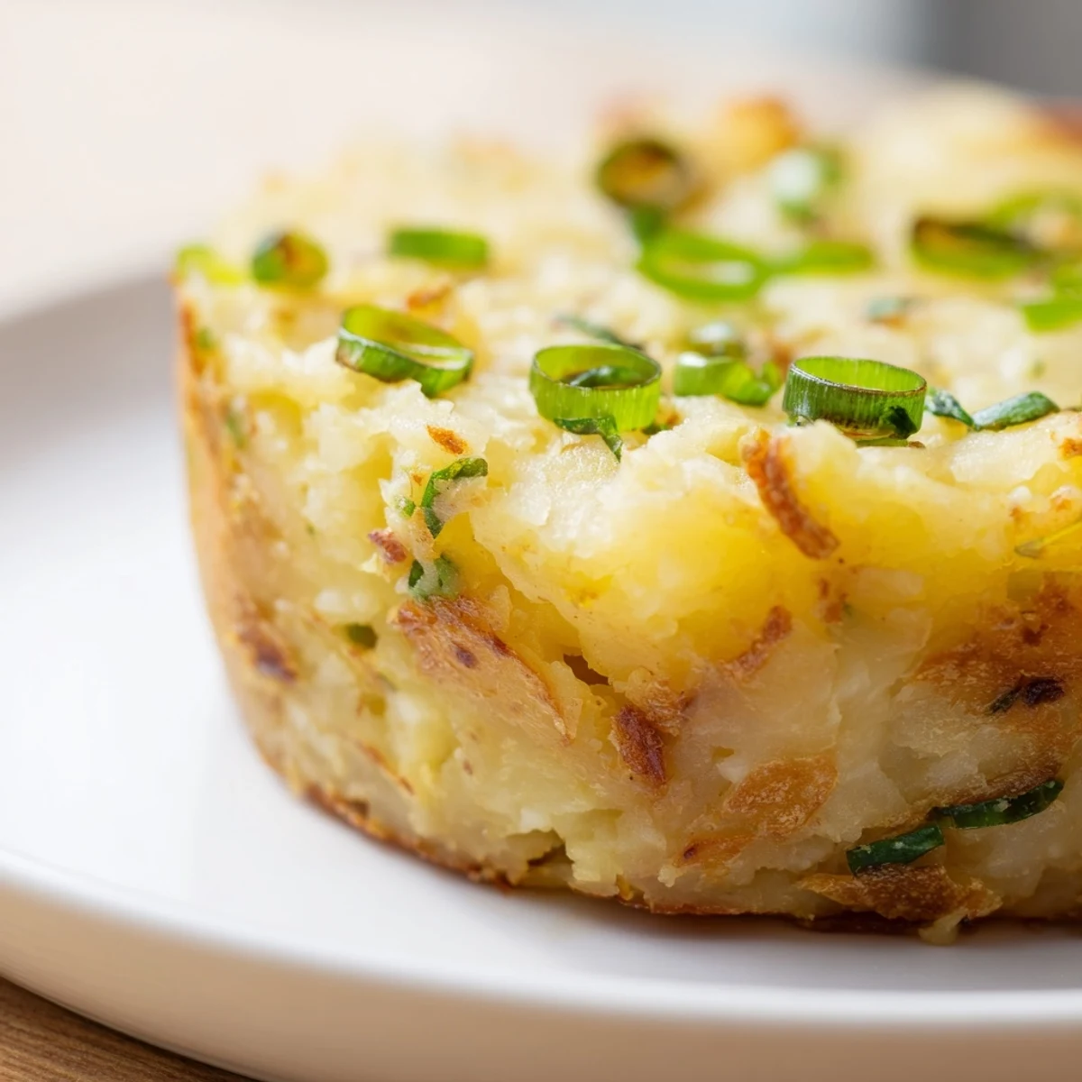Freshly fried Irish Potato Cakes with Scallions next to a cup of tea on a rustic table.