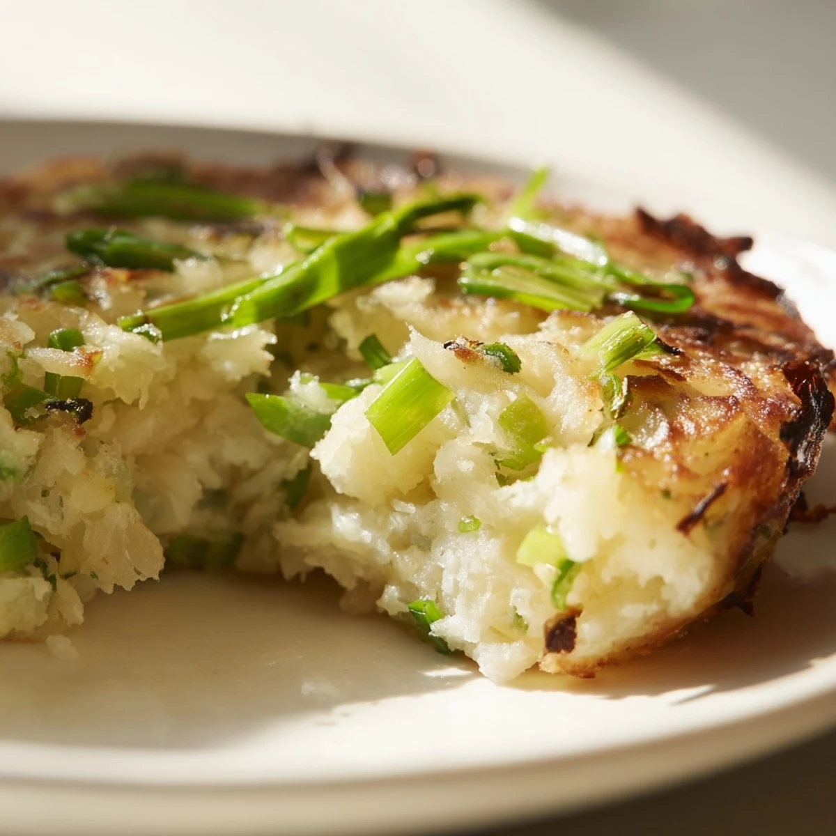 Golden-brown Irish Potato Cakes with Scallions served warm on a plate with a dollop of sour cream.