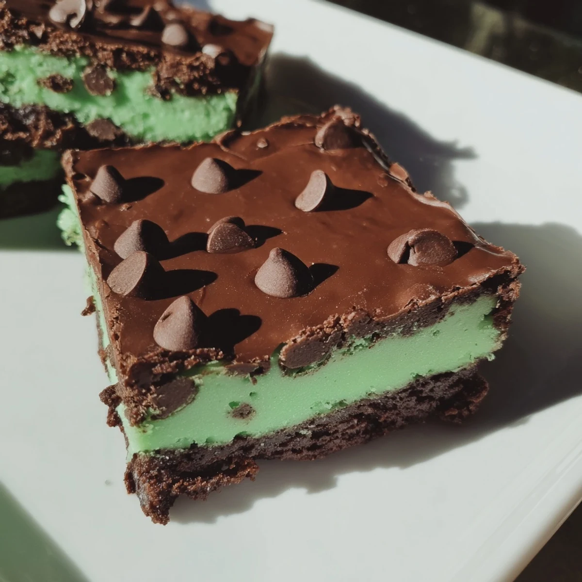 A close-up of Green Mint Brownies with Chocolate Chips, showing fudgy texture and vibrant green mint layer.