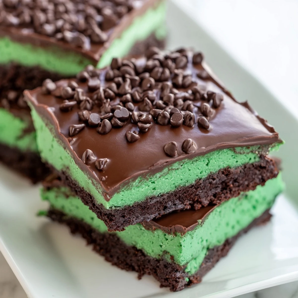 Frosted Green Mint Brownies with Chocolate Chips cut into squares, with melted chocolate topping glistening on top.