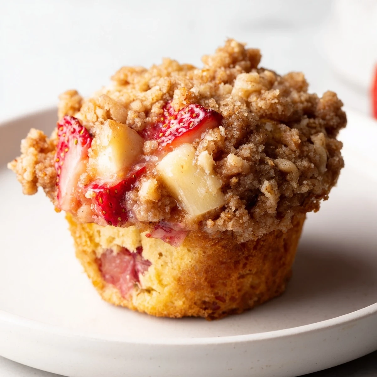 Freshly baked Strawberry Rhubarb Muffins with Streusel cooling on a wire rack, showcasing the golden crumb topping and juicy red fruit pieces.