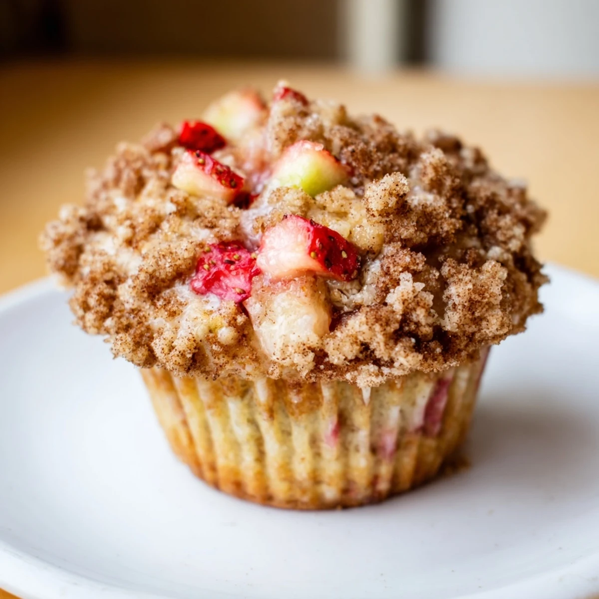 Warm Strawberry Rhubarb Muffins with Streusel topped with buttery crumbs, placed on a rustic wooden board next to a cup of coffee.