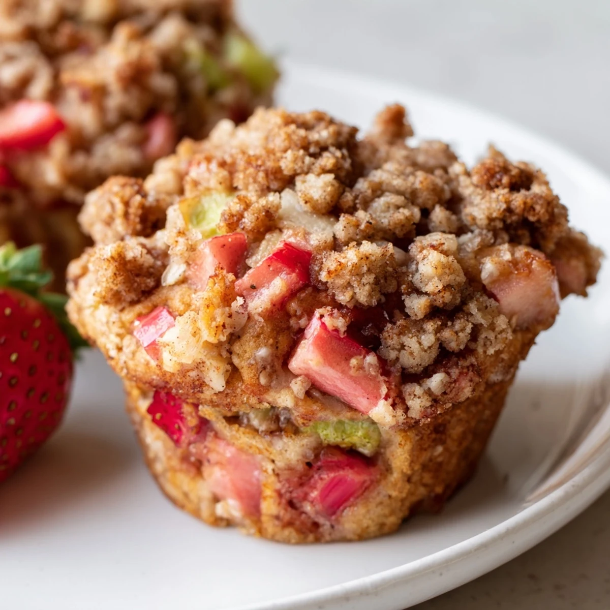 Close-up of a halved Strawberry Rhubarb Muffins with Streusel revealing moist interior studded with fresh strawberries and tangy rhubarb chunks.