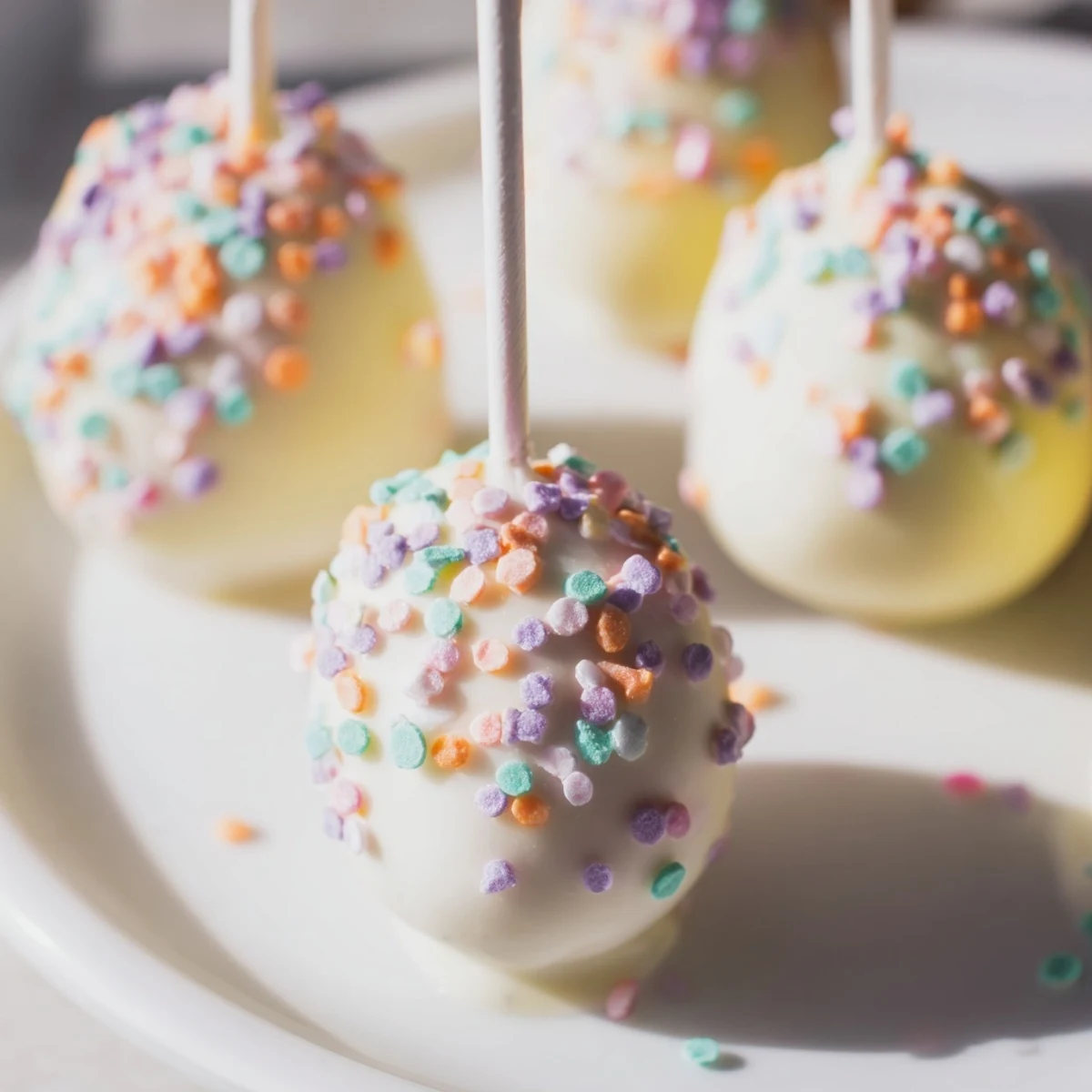 A close-up of Easter Egg Cake Pops with Sprinkles on a pastel stand, showing smooth candy coating and colorful decorative sprinkles.