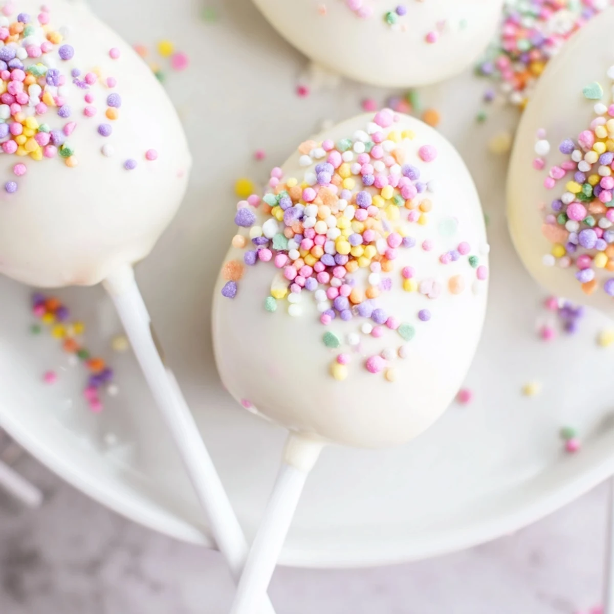 These festive Easter Egg Cake Pops with Sprinkles feature pastel eggs with vibrant coatings on lollipop sticks, perfect for a spring party table.