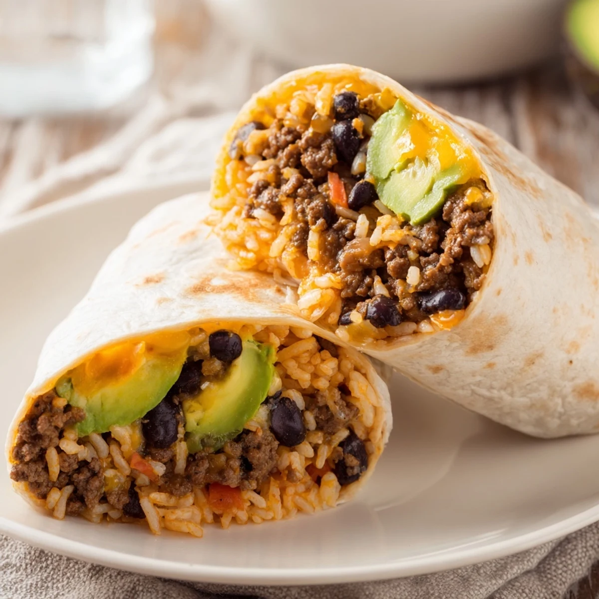 Golden-brown flour tortilla stuffed with seasoned ground beef, creamy black beans, and fluffy Mexican rice, with melted cheddar cheese.
