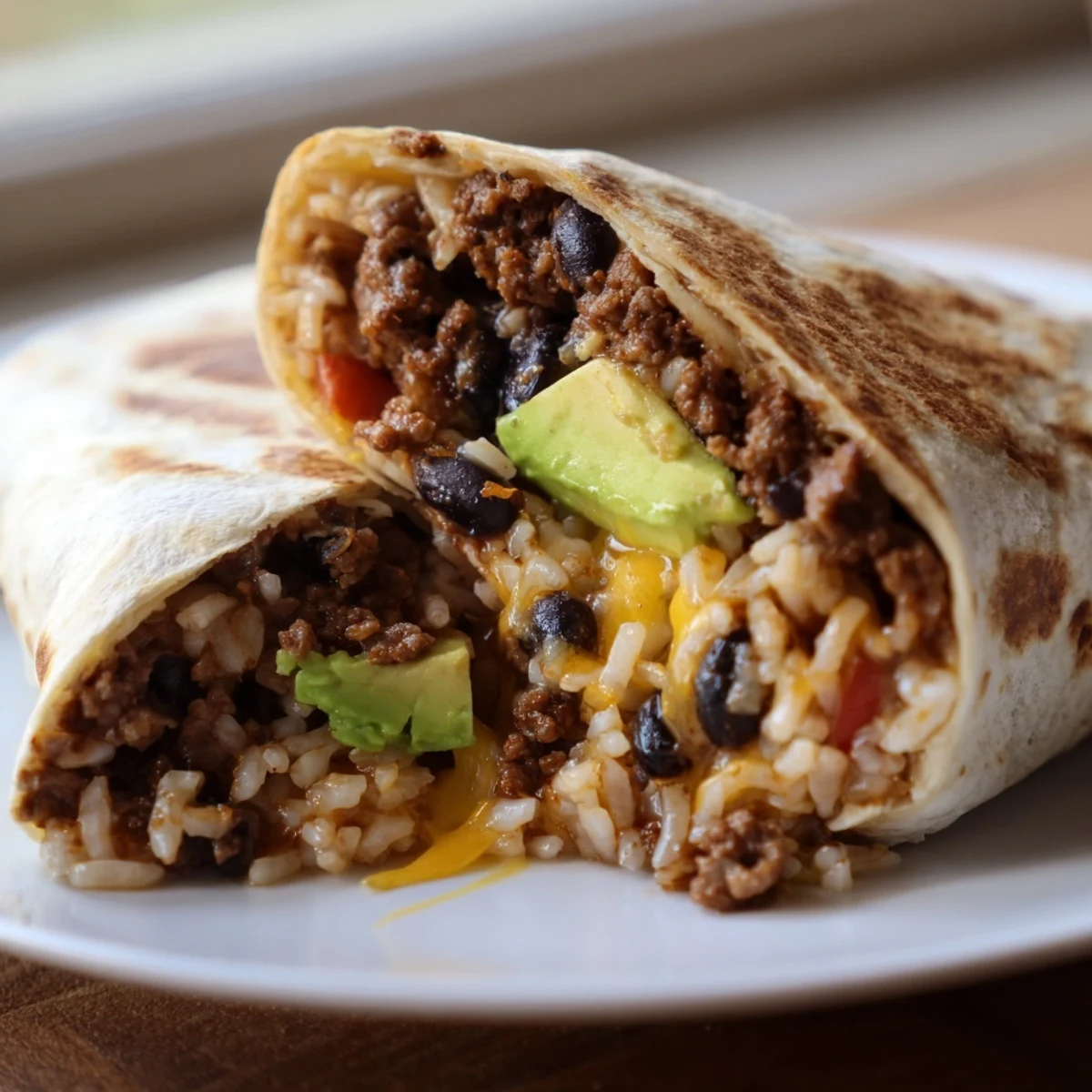 A freshly cut beef burrito with beans and Mexican rice reveals layers of savory fillings and avocado slices inside.