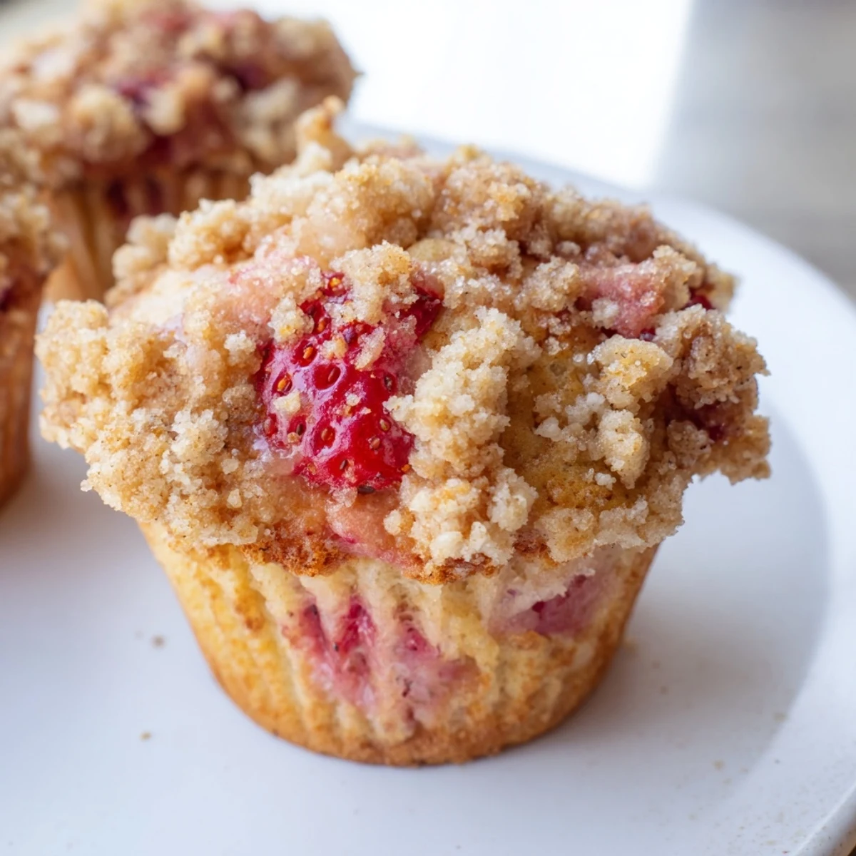 Freshly baked Strawberry Rhubarb Muffins with Streusel topped with crumbly cinnamon sugar.