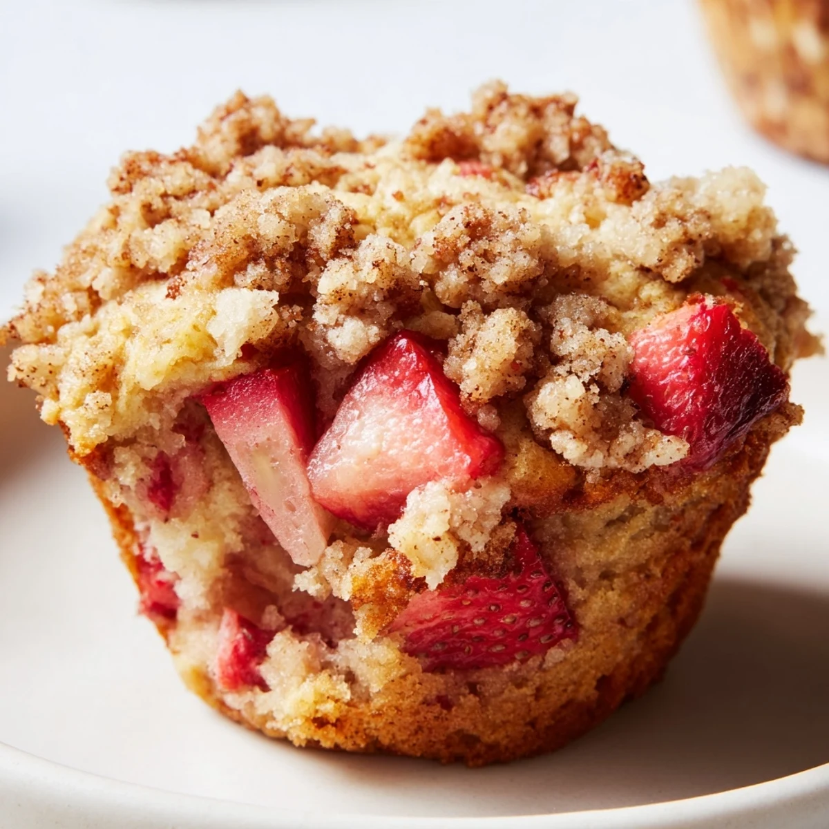 Golden Strawberry Rhubarb Muffins with Streusel on a cooling rack, ready to serve.