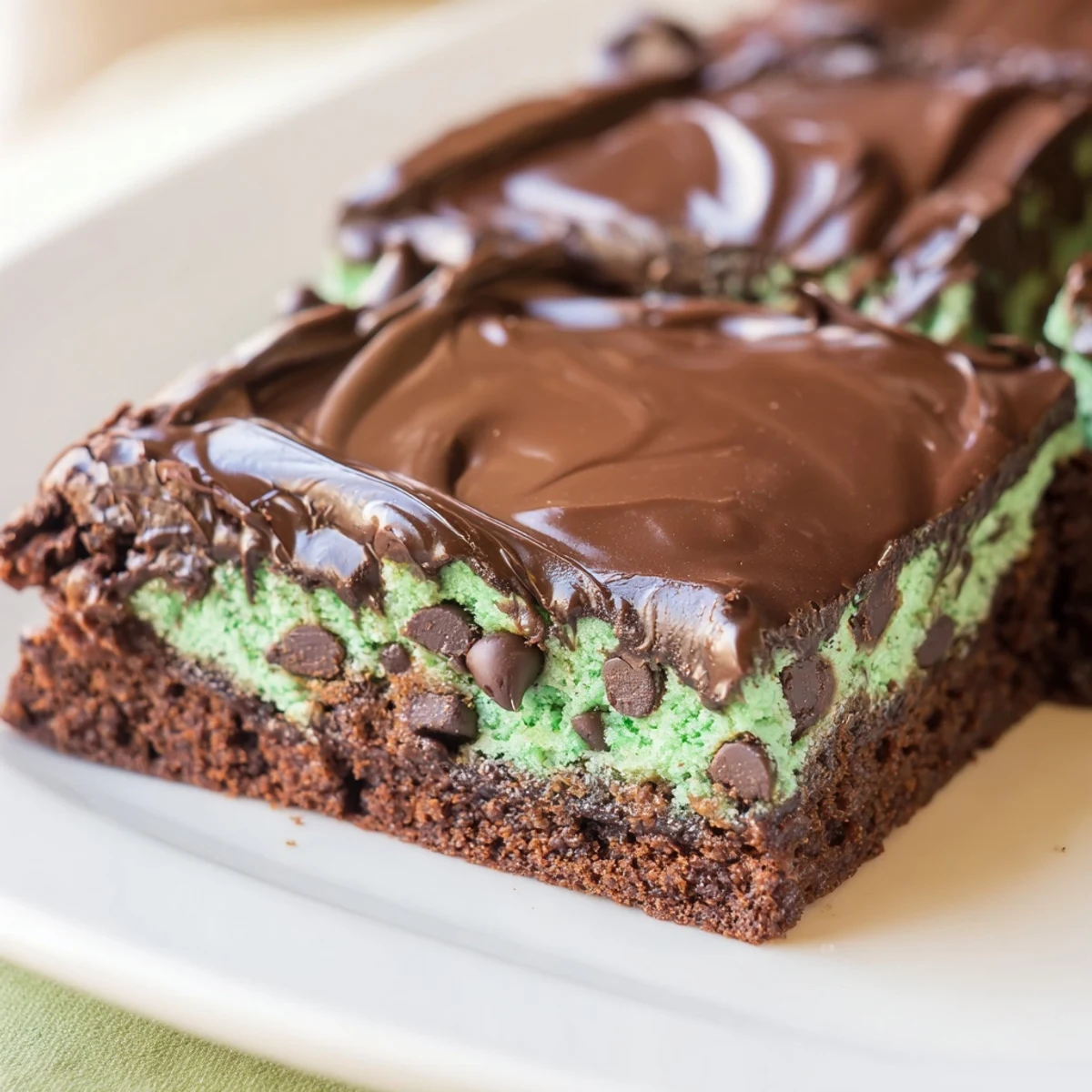 A stack of Green Mint Brownies with Chocolate Chips shows the moist crumb texture and melted chocolate chips in a rustic kitchen setting.