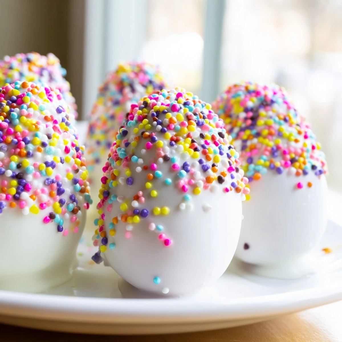 Festive Easter Egg Cake Pops arranged on a marble surface, showing smooth chocolate shells and playful springtime decorations.
