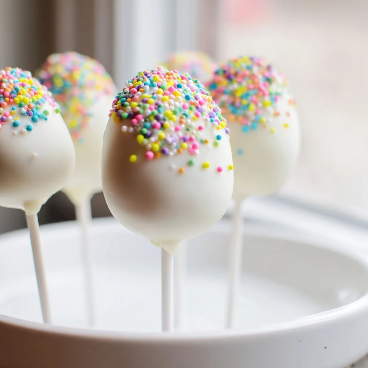 Pastel Easter Egg Cake Pops stand on a foam block, coated in white chocolate and covered in bright, multi-colored sprinkles.