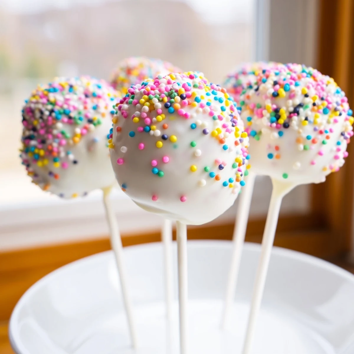 Delicious Easter Egg Cake Pops held by hand, revealing the moist cake interior and crunchy, sweet sprinkle coating.