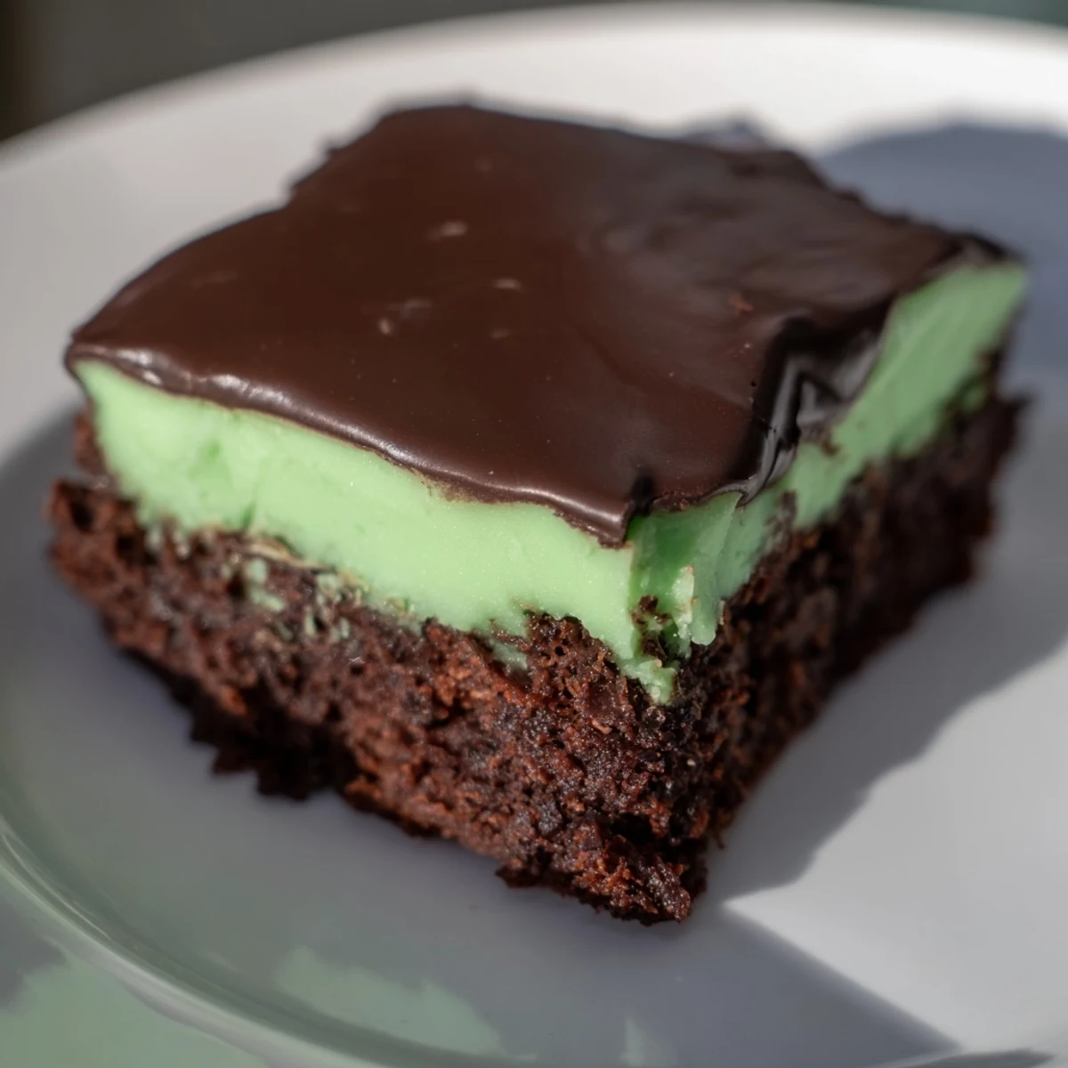This image shows freshly cut Green Mint Brownies with moist, fudgy interiors and a dusting of powdered sugar.